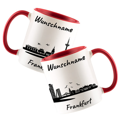 Tasse in Rot 330ml bedruckt mit der Skyline von Frankfurt personalisierbar mit Wunschname