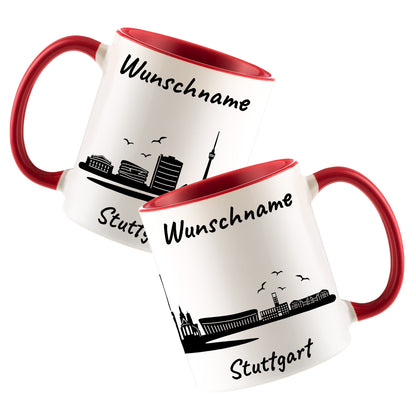 Tasse in Rot 330ml bedruckt mit der Skyline von Stuttgart personalisierbar mit Wunschname