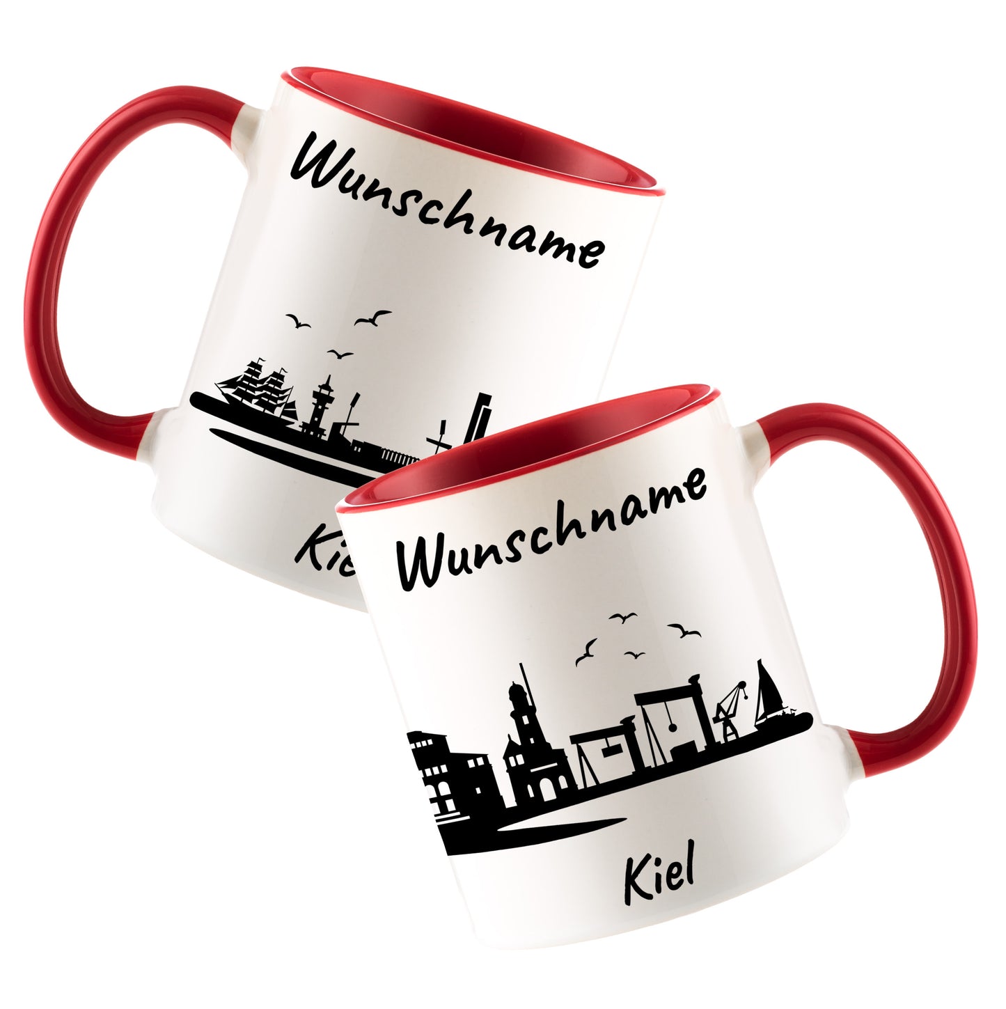 Tasse in Rot 330ml bedruckt mit der Skyline von Kiel personalisierbar mit Wunschname