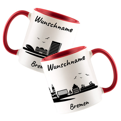 Tasse in Rot 330ml bedruckt mit der Skyline von Bremen personalisierbar mit Wunschname