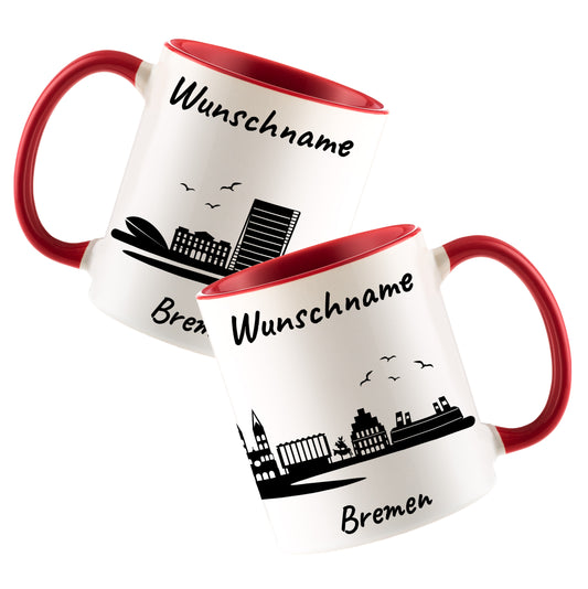Tasse in Rot 330ml bedruckt mit der Skyline von Bremen personalisierbar mit Wunschname