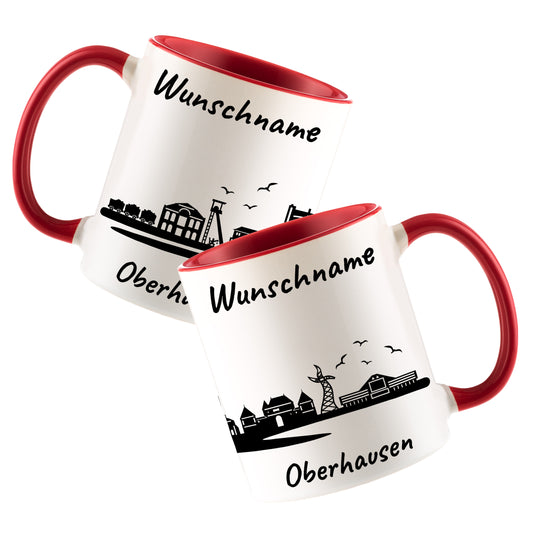 Tasse in Rot 330ml bedruckt mit der Skyline von Oberhausen personalisierbar mit Wunschname