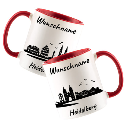 Tasse in Rot 330ml bedruckt mit der Skyline von Heidelberg personalisierbar mit Wunschname
