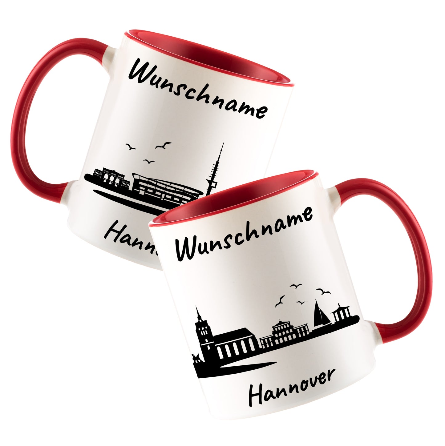 Tasse in Rot 330ml bedruckt mit der Skyline von Hannover personalisierbar mit Wunschname