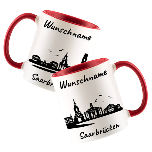Tasse in Rot 330ml bedruckt mit der Skyline von Saarbrücken personalisierbar mit Wunschname
