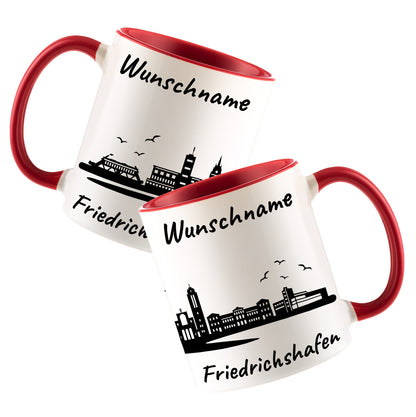 Tasse in Rot 330ml bedruckt mit der Skyline von Friedrichshafen personalisierbar mit Wunschname