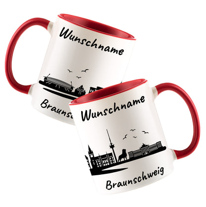 Tasse in Rot 330ml bedruckt mit der Skyline von Braunschweig personalisierbar mit Wunschname
