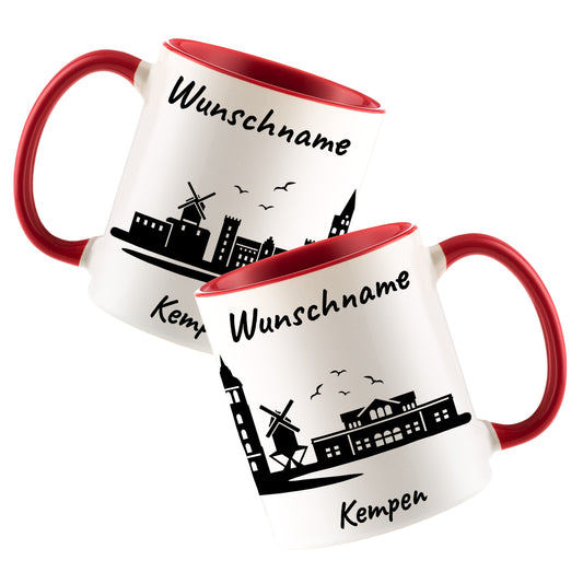 Tasse in Rot 330ml bedruckt mit der Skyline von Kempen personalisierbar mit Wunschname