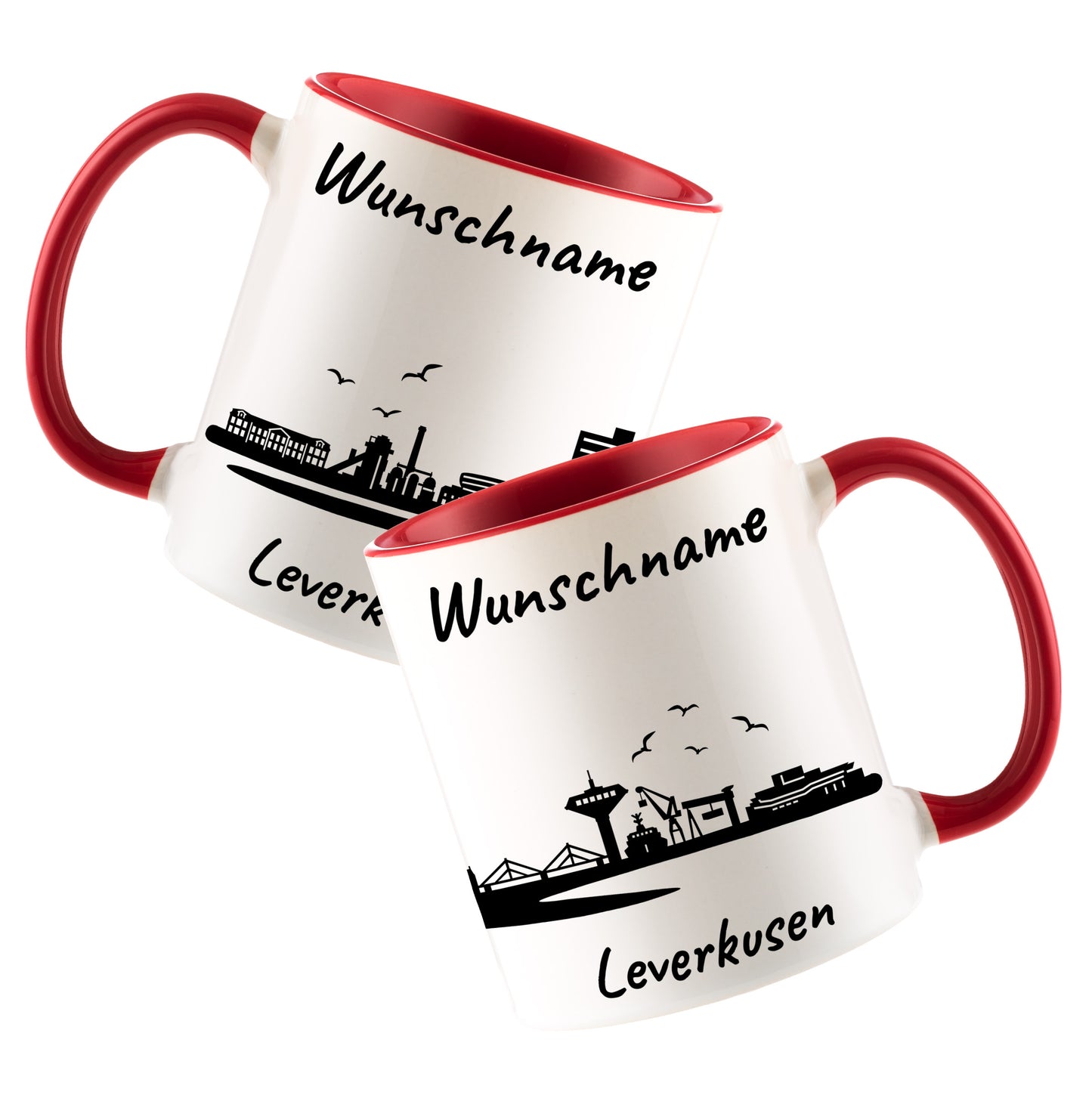 Tasse in Rot 330ml bedruckt mit der Skyline von Leverkusen personalisierbar mit Wunschname