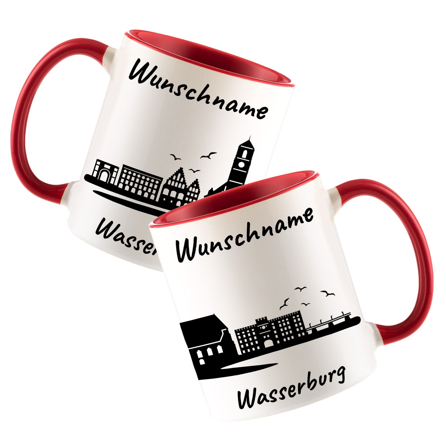 Tasse in Rot 330ml bedruckt mit der Skyline von Wasserburg personalisierbar mit Wunschname