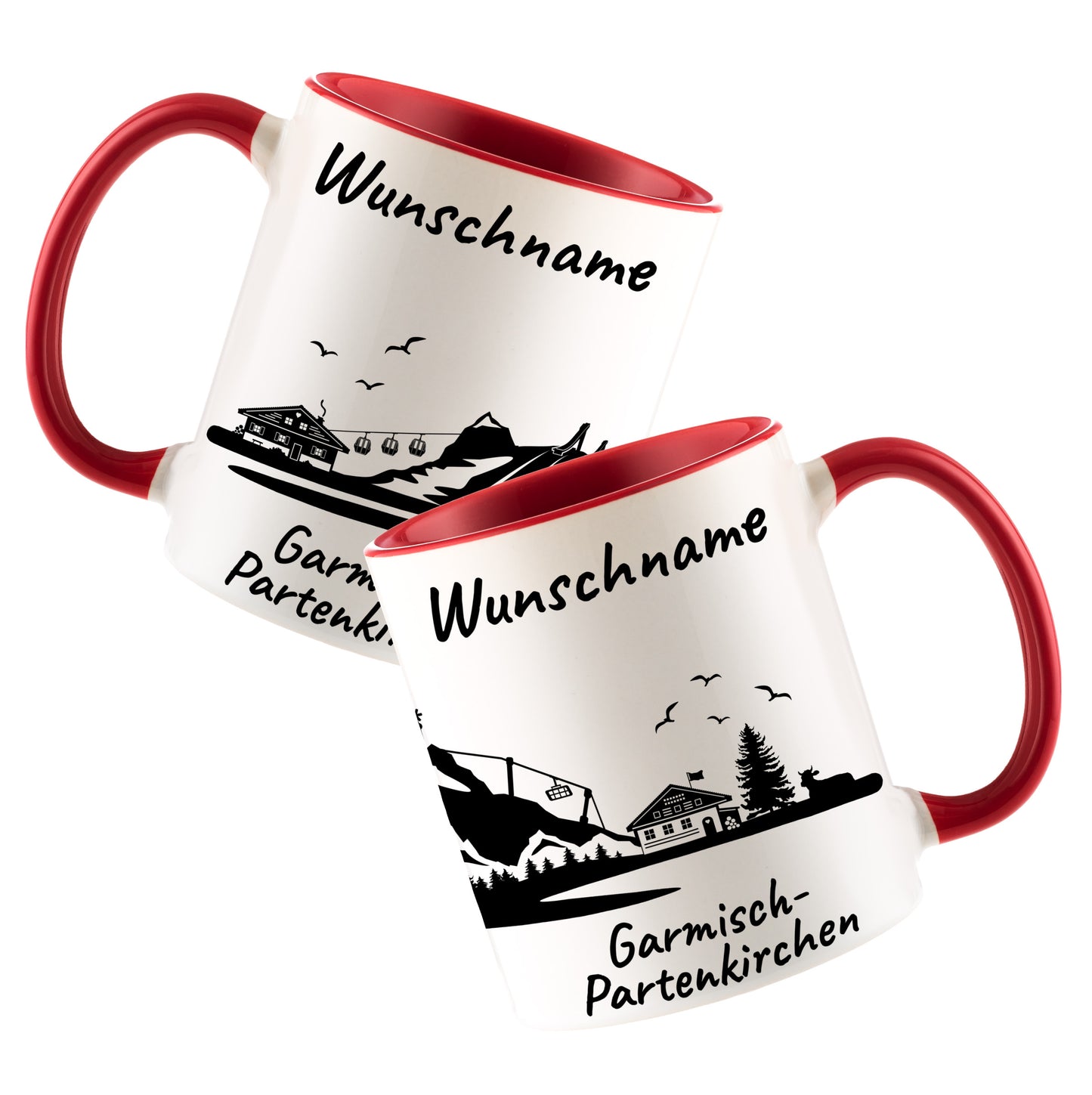 Tasse in Rot 330ml bedruckt mit der Skyline von Garmisch-Partenkirchen personalisierbar mit Wunschname