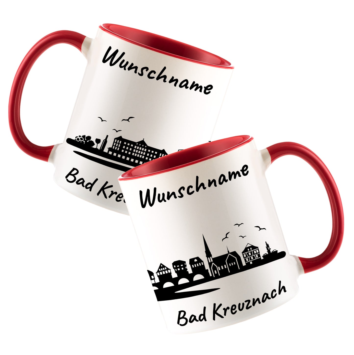 Tasse in Rot 330ml bedruckt mit der Skyline von Bad Kreuznach personalisierbar mit Wunschname