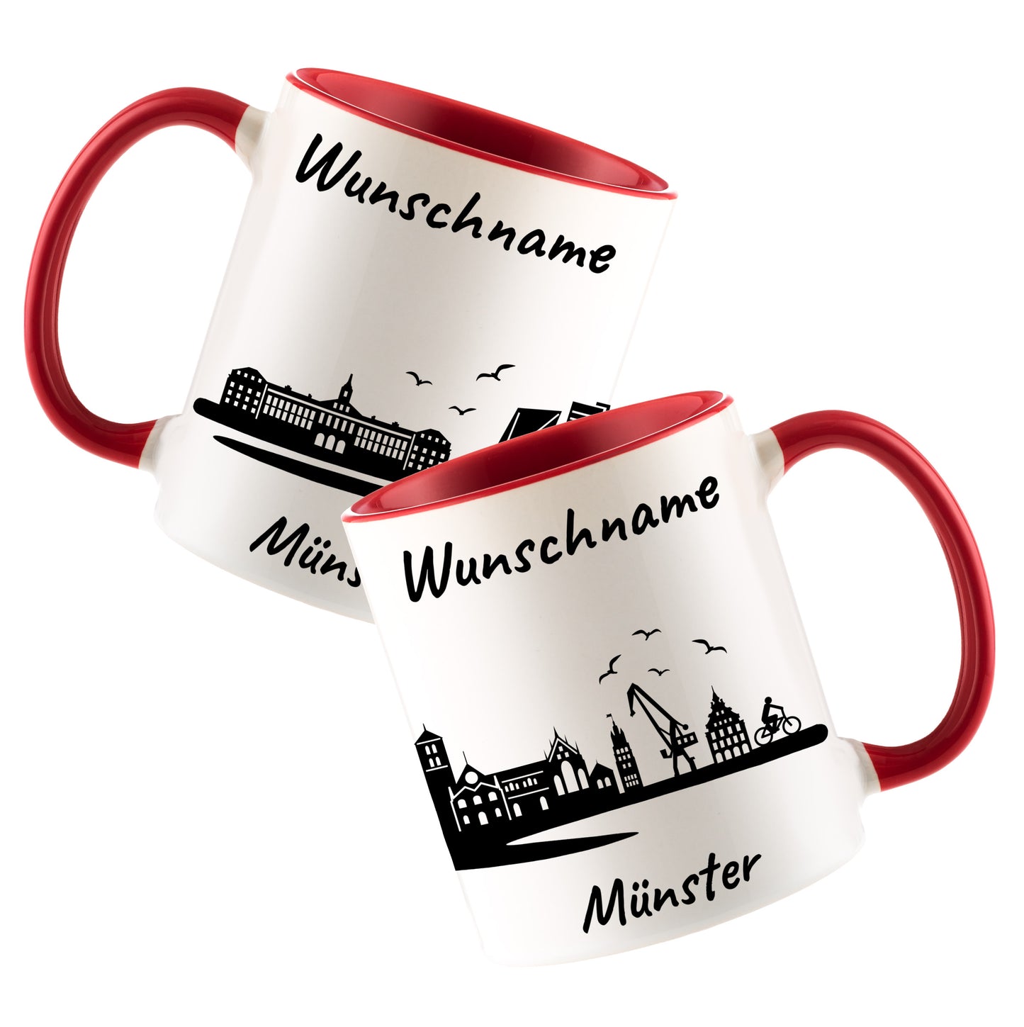 Tasse in Rot 330ml bedruckt mit der Skyline von Münster personalisierbar mit Wunschname