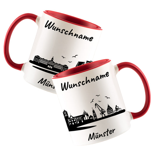 Tasse in Rot 330ml bedruckt mit der Skyline von Münster personalisierbar mit Wunschname
