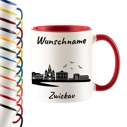 Tasse in Rot 330ml bedruckt mit der Skyline von Zwickau personalisierbar mit Wunschname