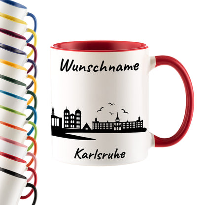 Tasse in Rot 330ml bedruckt mit der Skyline von Karlsruhe personalisierbar mit Wunschname