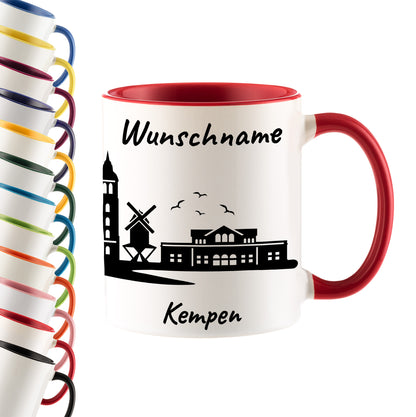 Tasse in Rot 330ml bedruckt mit der Skyline von Kempen personalisierbar mit Wunschname