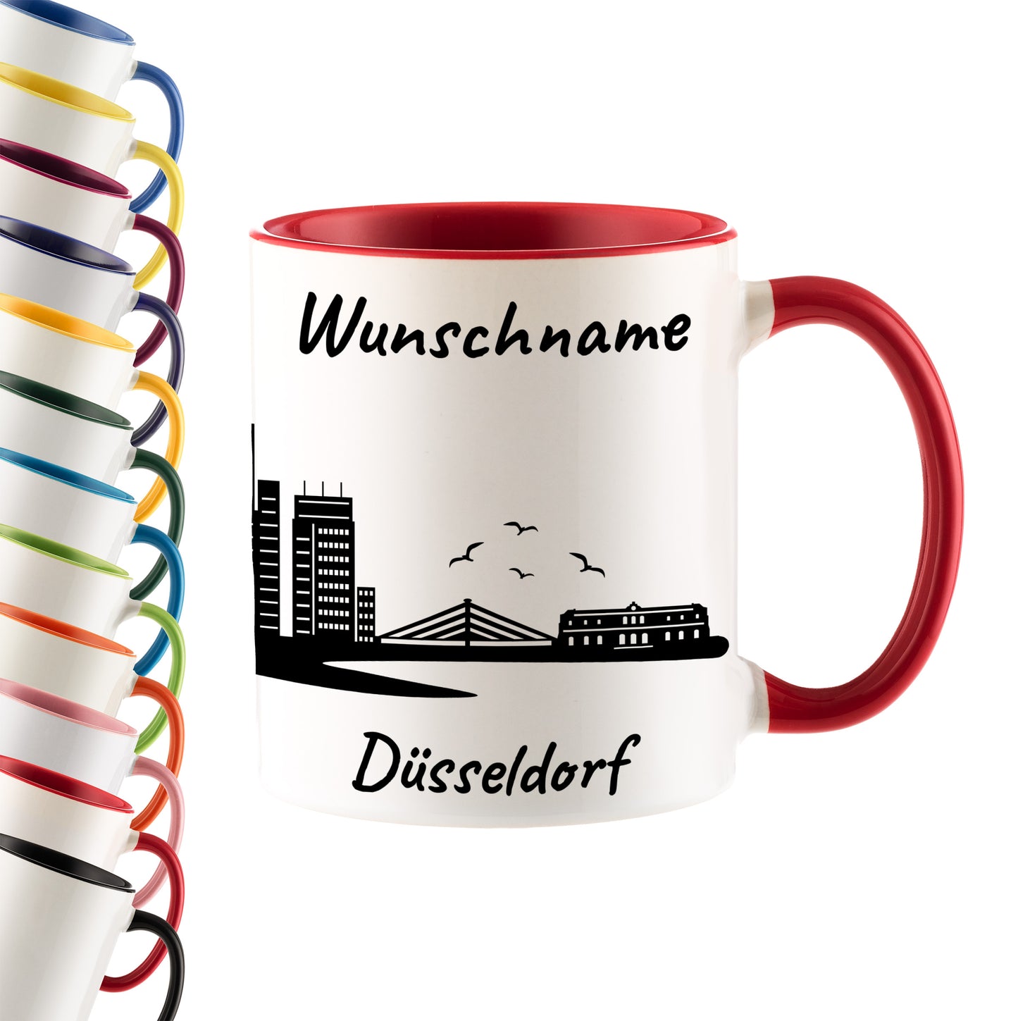 Tasse in Rot 330ml bedruckt mit der Skyline von Düsseldorf personalisierbar mit Wunschname