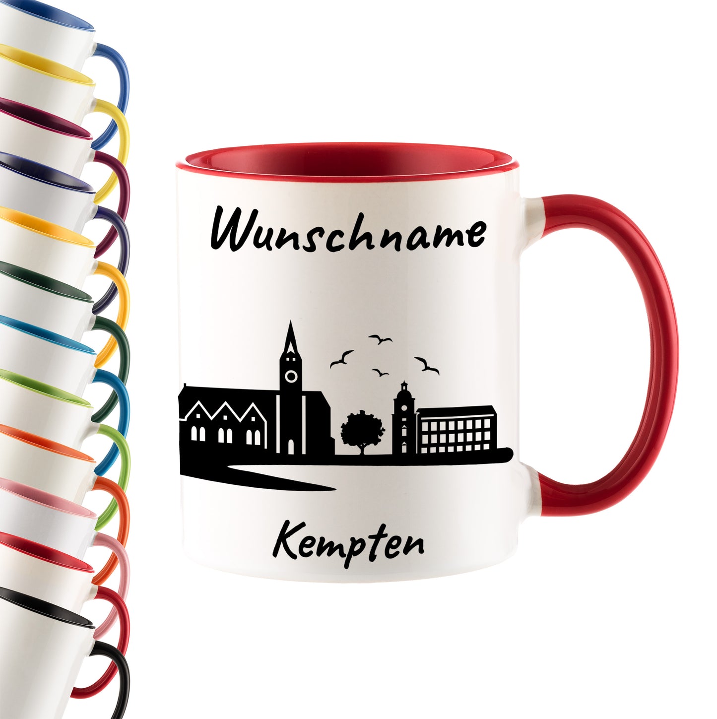 Tasse in Rot 330ml bedruckt mit der Skyline von Kempten personalisierbar mit Wunschname