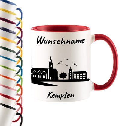 Tasse in Rot 330ml bedruckt mit der Skyline von Kempten personalisierbar mit Wunschname