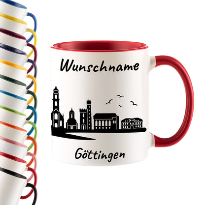 Tasse in Rot 330ml bedruckt mit der Skyline von Göttingen personalisierbar mit Wunschname