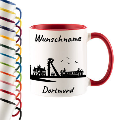 Tasse in Rot 330ml bedruckt mit der Skyline von Dortmund personalisierbar mit Wunschname