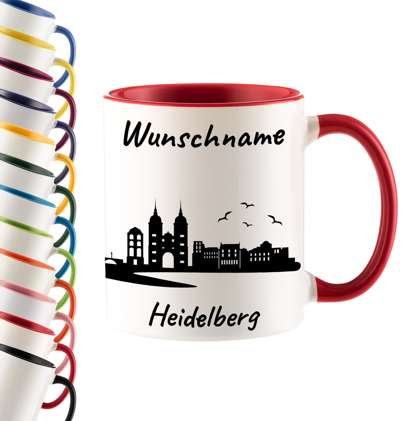 Tasse in Rot 330ml bedruckt mit der Skyline von Heidelberg personalisierbar mit Wunschname