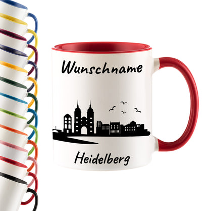 Tasse in Rot 330ml bedruckt mit der Skyline von Heidelberg personalisierbar mit Wunschname