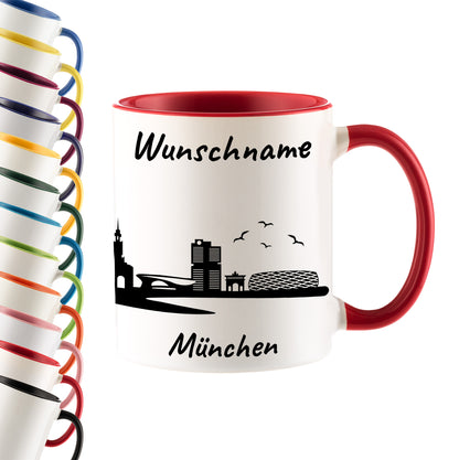Tasse in Rot 330ml bedruckt mit der Skyline von München personalisierbar mit Wunschname