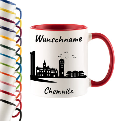 Tasse in Rot 330ml bedruckt mit der Skyline von Chemnitz personalisierbar mit Wunschname