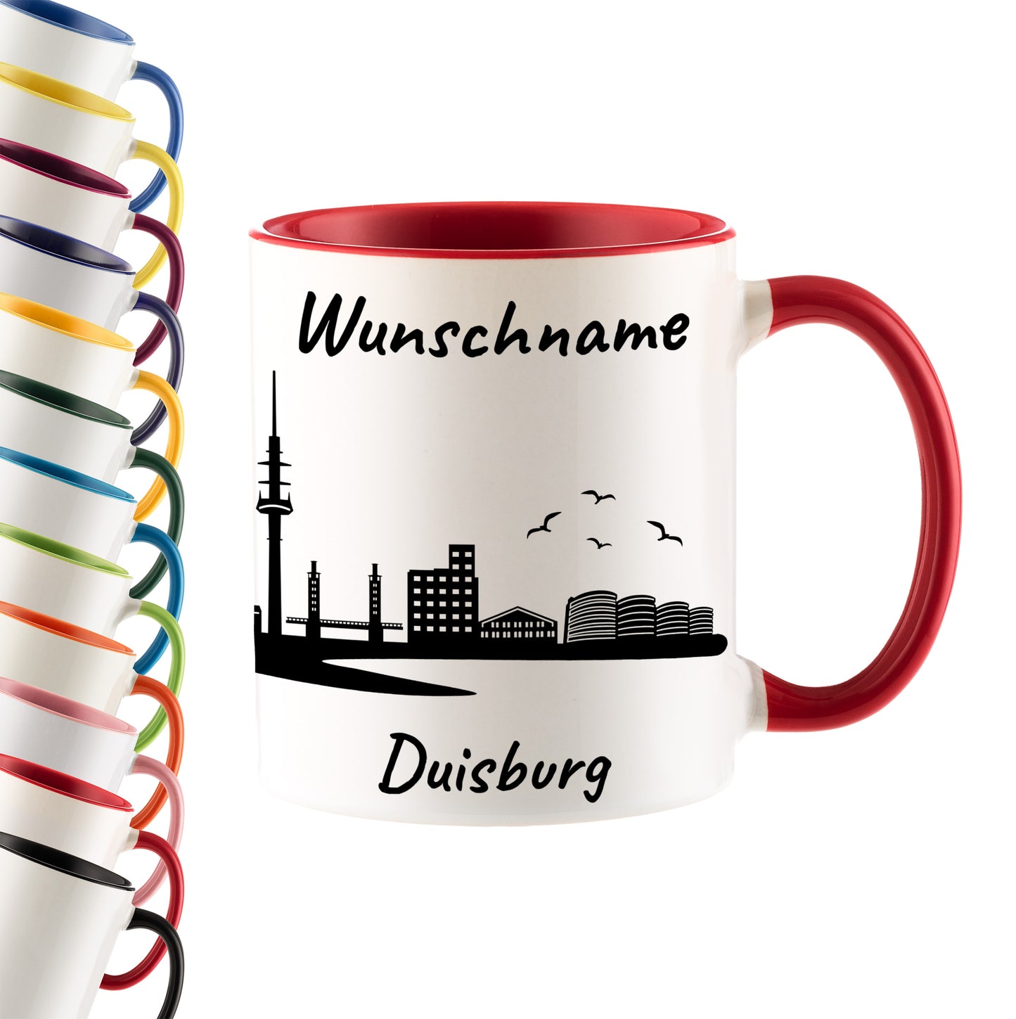 Tasse in Rot 330ml bedruckt mit der Skyline von Duisburg personalisierbar mit Wunschname