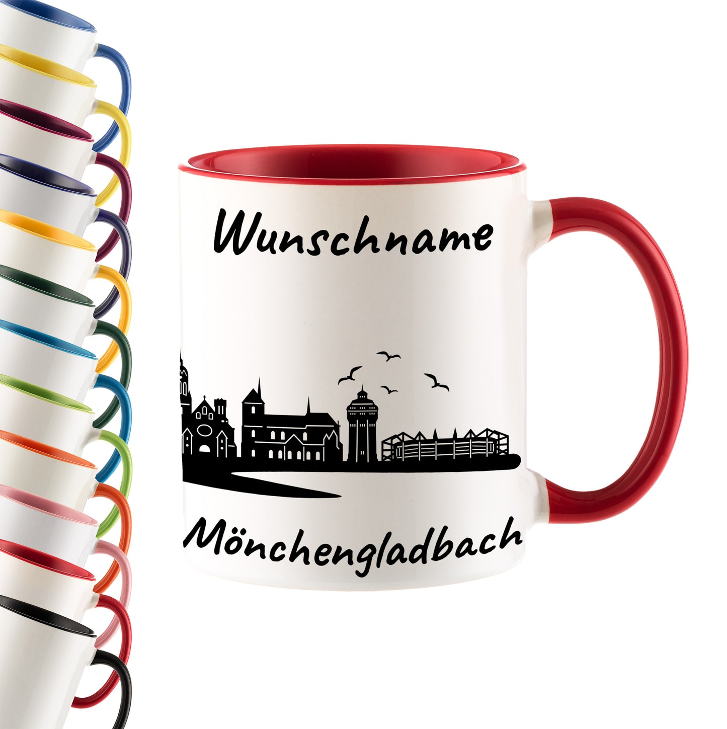 Tasse in Rot 330ml bedruckt mit der Skyline von Mönchengladbach personalisierbar mit Wunschname