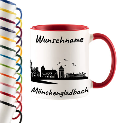 Tasse in Rot 330ml bedruckt mit der Skyline von Mönchengladbach personalisierbar mit Wunschname