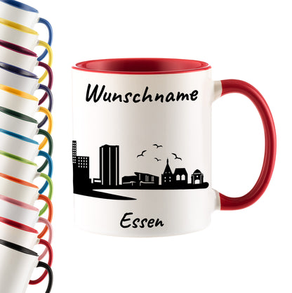Tasse in Rot 330ml bedruckt mit der Skyline von Essen personalisierbar mit Wunschname