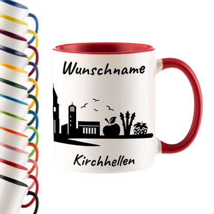 Tasse in Rot 330ml bedruckt mit der Skyline von Kirchhellen personalisierbar mit Wunschname
