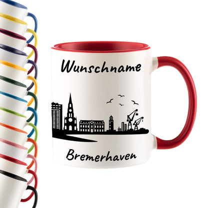 Tasse in Rot 330ml bedruckt mit der Skyline von Bremerhaven personalisierbar mit Wunschname