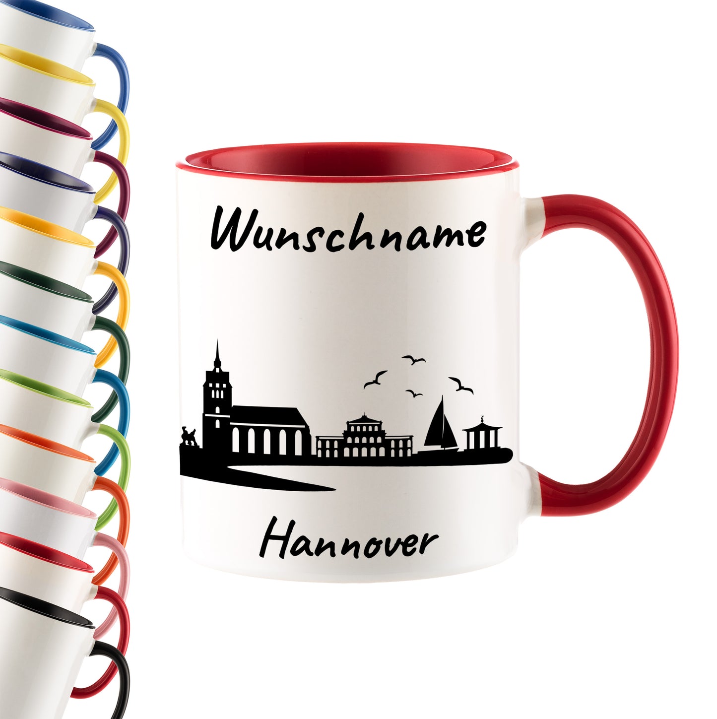 Tasse in Rot 330ml bedruckt mit der Skyline von Hannover personalisierbar mit Wunschname