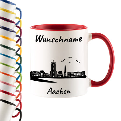 Tasse in Rot 330ml bedruckt mit der Skyline von Aachen personalisierbar mit Wunschname