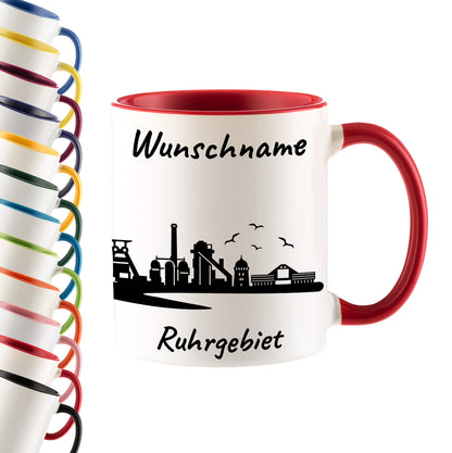 Tasse in Rot 330ml bedruckt mit der Skyline von Ruhrgebiet personalisierbar mit Wunschname