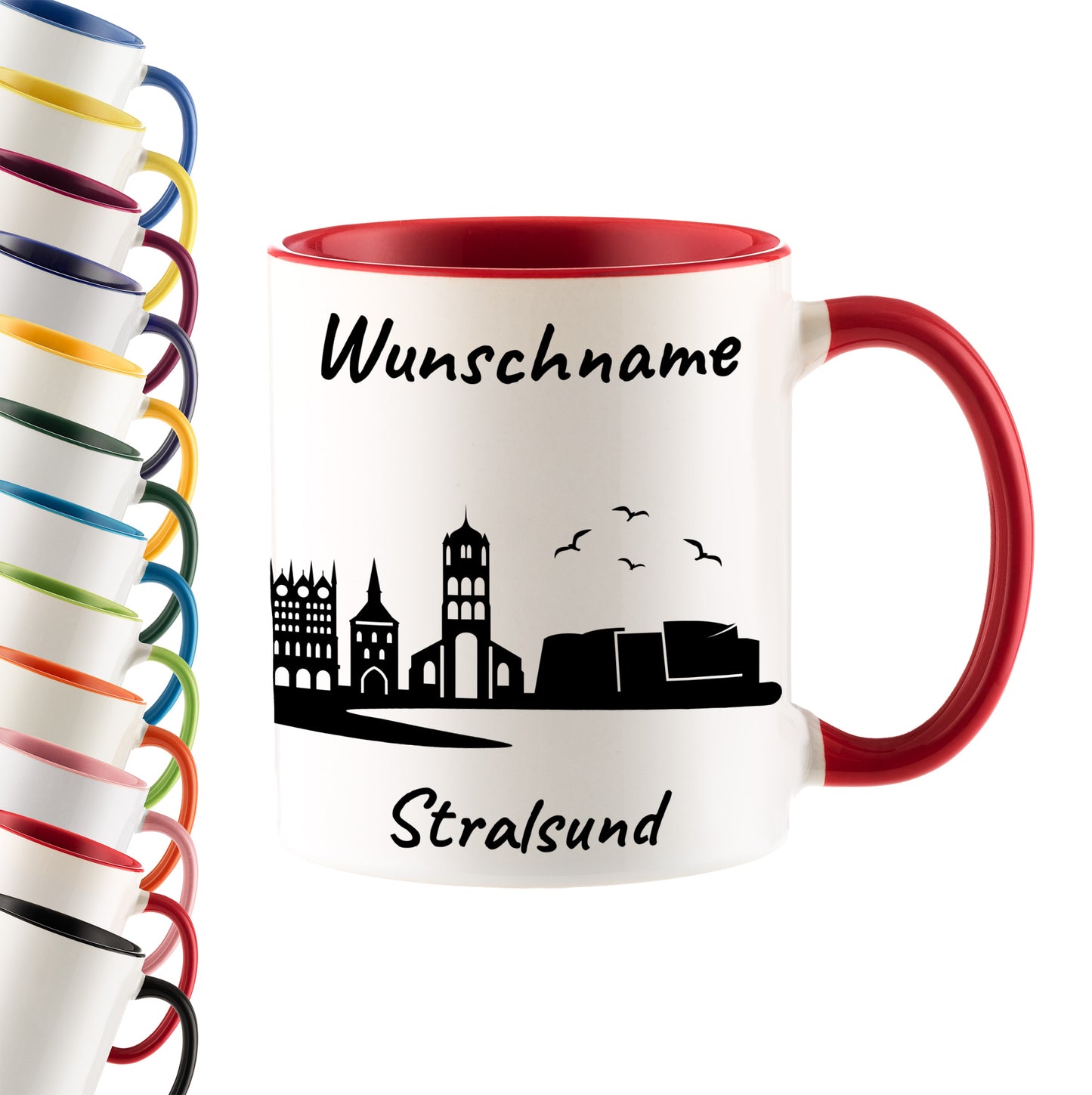 Tasse in Rot 330ml bedruckt mit der Skyline von Stralsund personalisierbar mit Wunschname