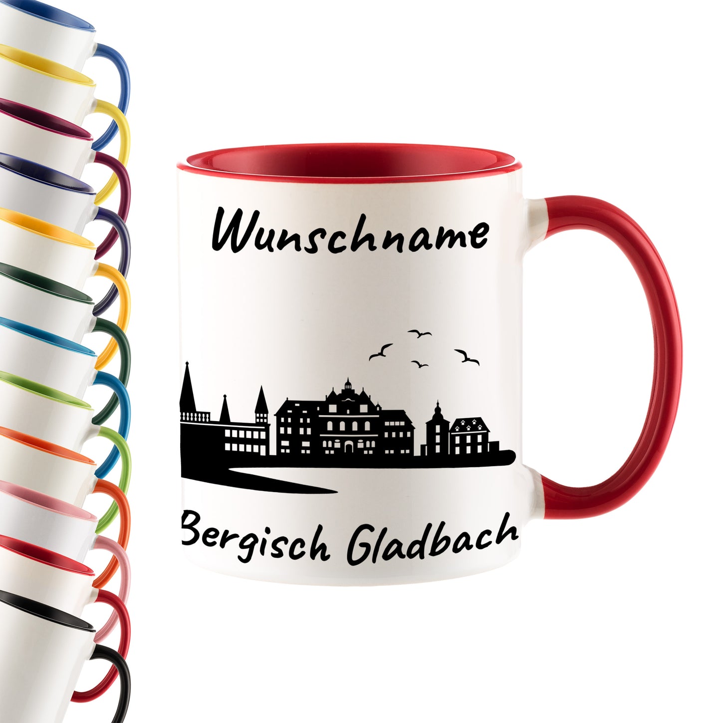 Tasse in Rot 330ml bedruckt mit der Skyline von Bergisch Gladbach personalisierbar mit Wunschname