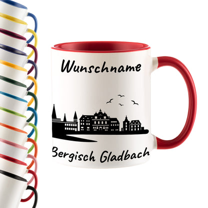 Tasse in Rot 330ml bedruckt mit der Skyline von Bergisch Gladbach personalisierbar mit Wunschname