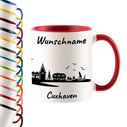 Tasse in Rot 330ml bedruckt mit der Skyline von Cuxhaven personalisierbar mit Wunschname