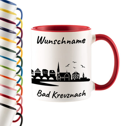 Tasse in Rot 330ml bedruckt mit der Skyline von Bad Kreuznach personalisierbar mit Wunschname
