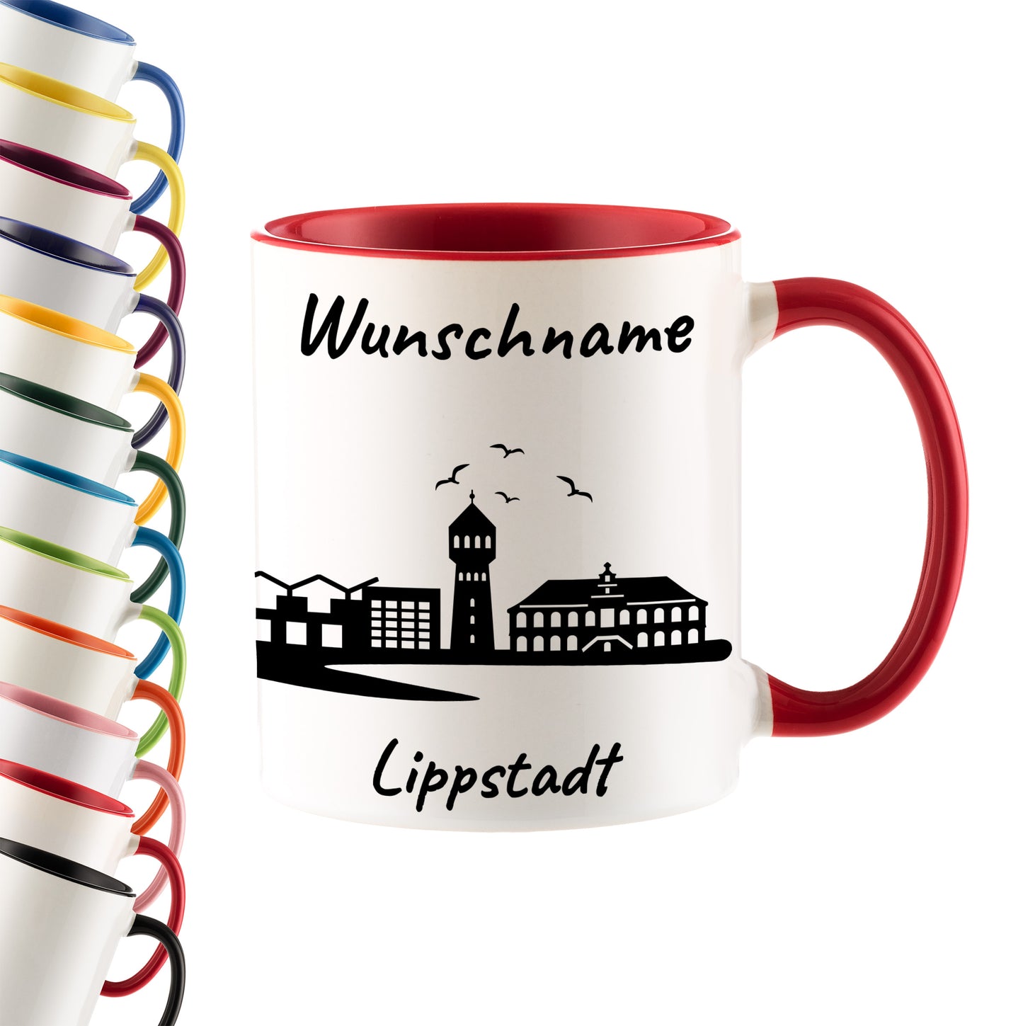Tasse in Rot 330ml bedruckt mit der Skyline von Lippstadt personalisierbar mit Wunschname