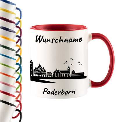 Tasse in Rot 330ml bedruckt mit der Skyline von Paderborn personalisierbar mit Wunschname