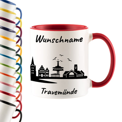 Tasse in Rot 330ml bedruckt mit der Skyline von Travemünde personalisierbar mit Wunschname