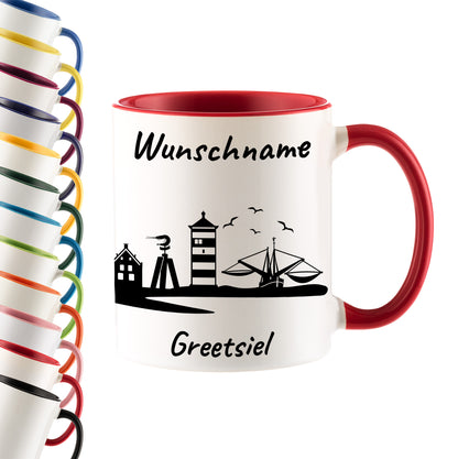 Tasse in Rot 330ml bedruckt mit der Skyline von Greetsiel personalisierbar mit Wunschname
