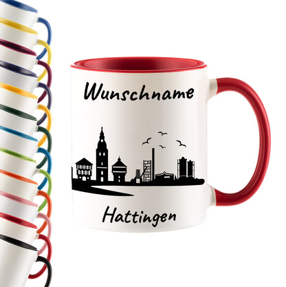 Tasse in Rot 330ml bedruckt mit der Skyline von Hattingen personalisierbar mit Wunschname