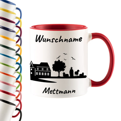 Tasse in Rot 330ml bedruckt mit der Skyline von Mettmann personalisierbar mit Wunschname